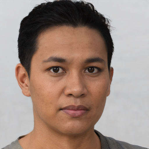Neutral asian young-adult male with short  black hair and brown eyes