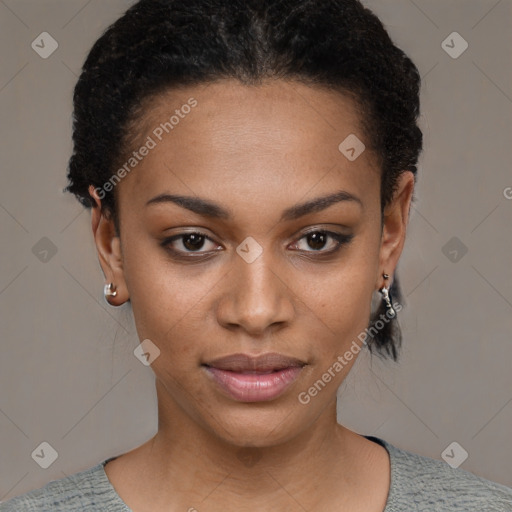 Neutral black young-adult female with short  black hair and brown eyes