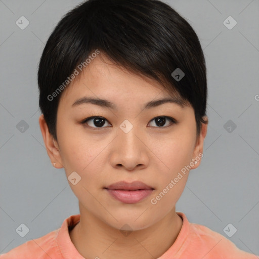 Neutral asian young-adult female with short  brown hair and brown eyes