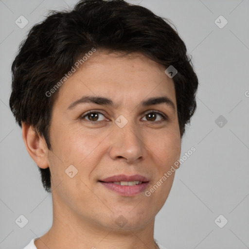 Joyful white adult female with short  brown hair and brown eyes