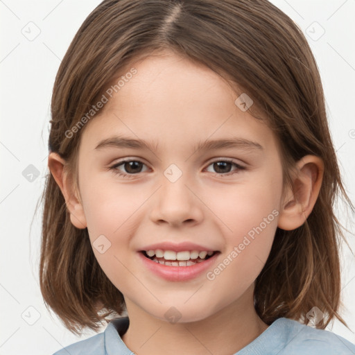 Joyful white child female with medium  brown hair and brown eyes