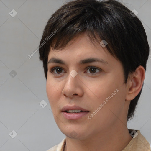 Joyful white young-adult female with short  brown hair and brown eyes