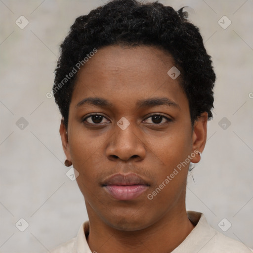 Neutral black young-adult female with short  black hair and brown eyes