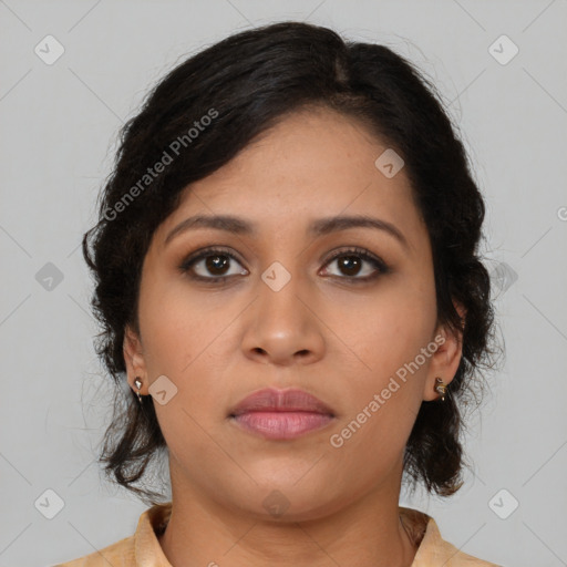 Neutral latino young-adult female with medium  brown hair and brown eyes