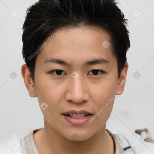Joyful asian young-adult female with short  brown hair and brown eyes