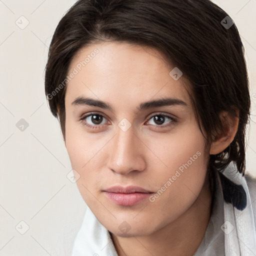 Neutral white young-adult female with medium  brown hair and brown eyes