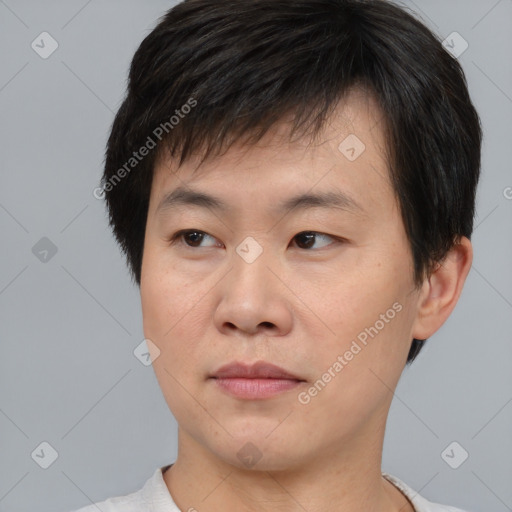 Neutral asian young-adult male with short  brown hair and brown eyes