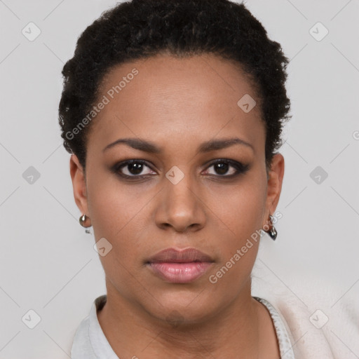 Neutral black young-adult female with short  black hair and brown eyes