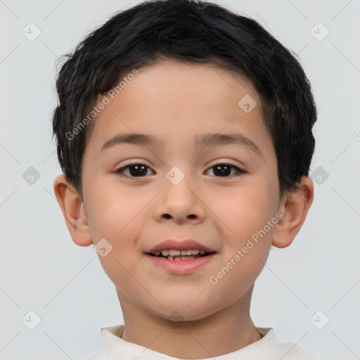 Joyful white child male with short  brown hair and brown eyes