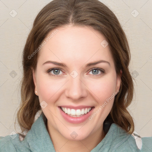 Joyful white young-adult female with medium  brown hair and green eyes