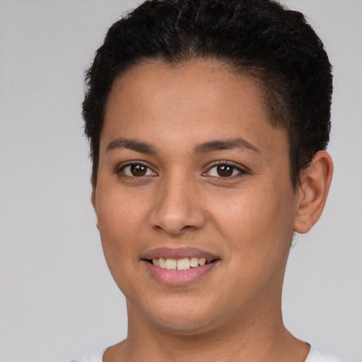 Joyful white young-adult female with short  brown hair and brown eyes