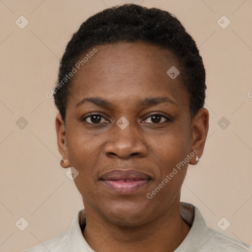 Joyful black adult female with short  black hair and brown eyes