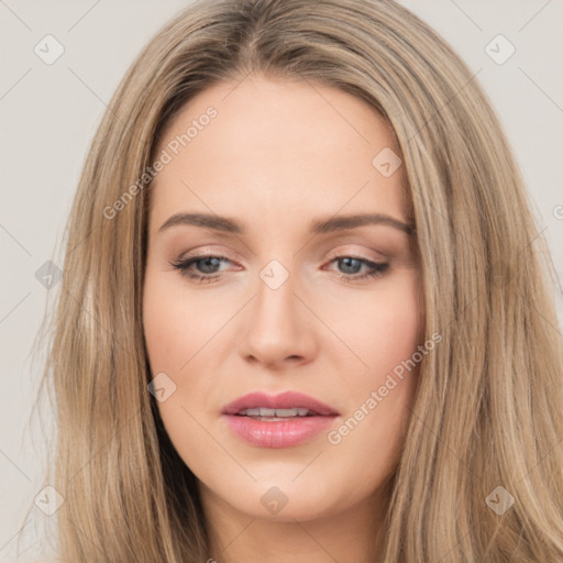 Neutral white young-adult female with long  brown hair and brown eyes