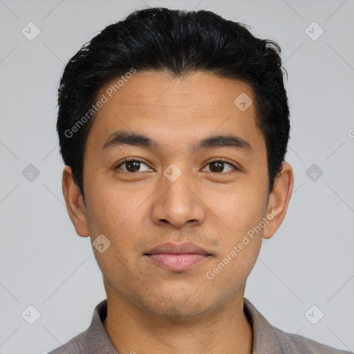 Neutral latino young-adult male with short  black hair and brown eyes