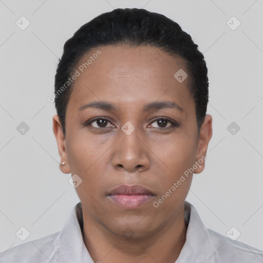 Neutral latino young-adult female with short  black hair and brown eyes