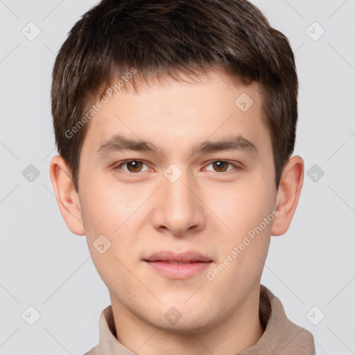 Neutral white young-adult male with short  brown hair and brown eyes