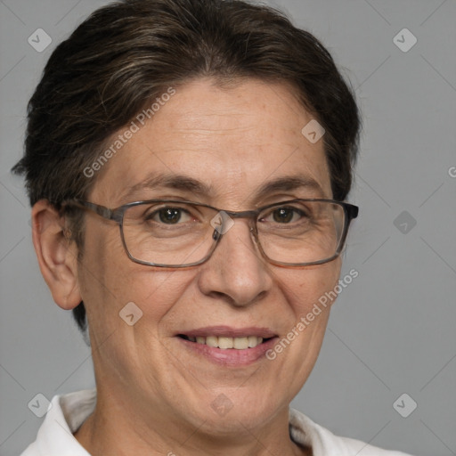 Joyful white middle-aged female with short  brown hair and brown eyes