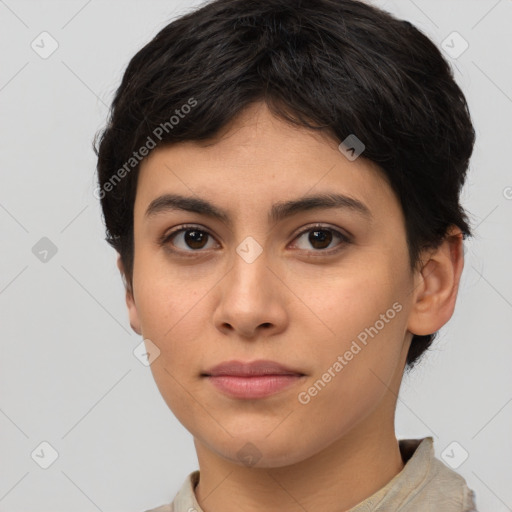 Neutral asian young-adult female with short  brown hair and brown eyes