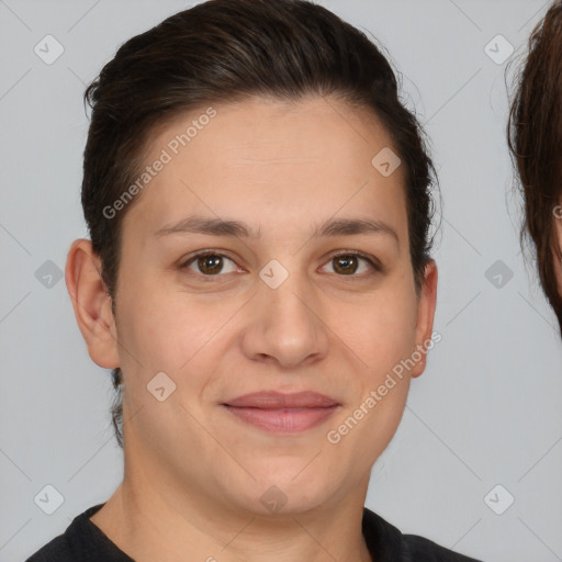 Joyful white young-adult female with short  brown hair and brown eyes