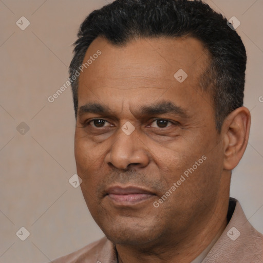 Joyful latino adult male with short  black hair and brown eyes