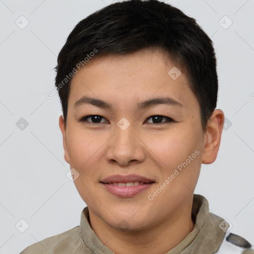 Joyful asian young-adult female with short  brown hair and brown eyes