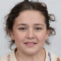 Joyful white child female with medium  brown hair and brown eyes