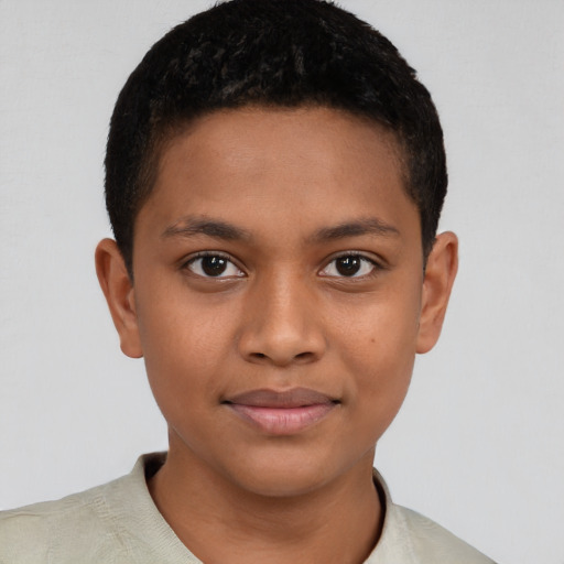 Joyful black young-adult male with short  brown hair and brown eyes