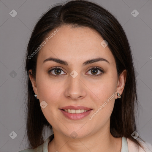 Joyful white young-adult female with medium  brown hair and brown eyes