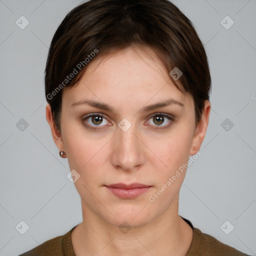 Neutral white young-adult female with short  brown hair and grey eyes