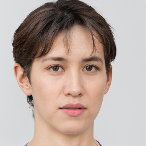 Neutral white young-adult female with short  brown hair and brown eyes