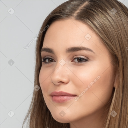 Neutral white young-adult female with long  brown hair and brown eyes