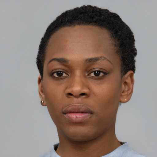 Neutral black young-adult female with short  black hair and brown eyes