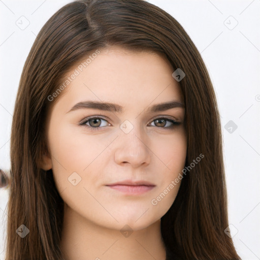 Neutral white young-adult female with long  brown hair and brown eyes