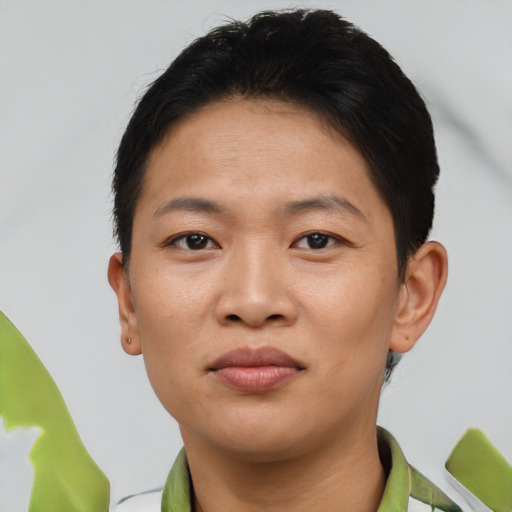 Joyful asian young-adult male with short  brown hair and brown eyes