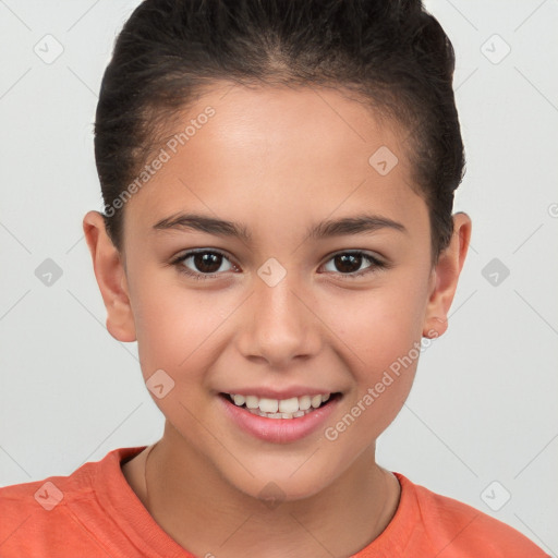 Joyful white child female with short  brown hair and brown eyes