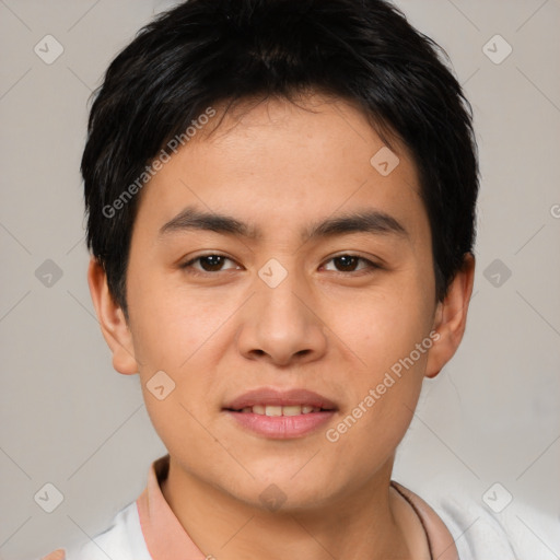 Joyful white young-adult male with short  black hair and brown eyes