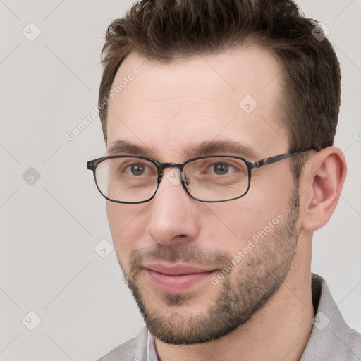 Neutral white young-adult male with short  brown hair and grey eyes