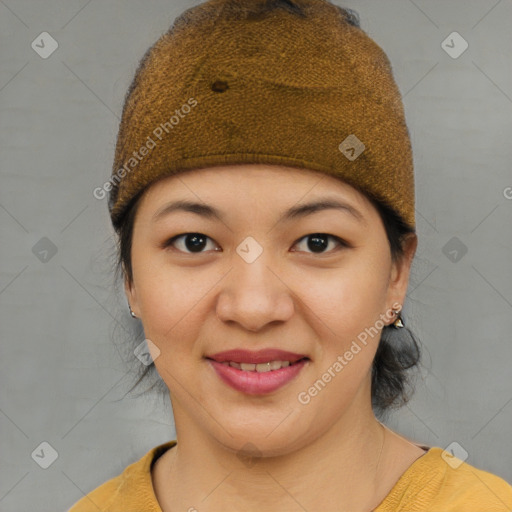 Joyful asian young-adult female with short  brown hair and brown eyes