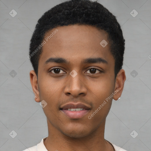 Neutral latino young-adult male with short  brown hair and brown eyes