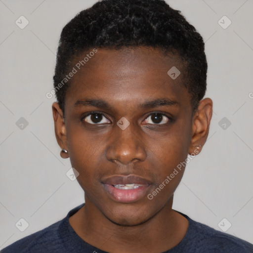 Neutral black young-adult male with short  black hair and brown eyes