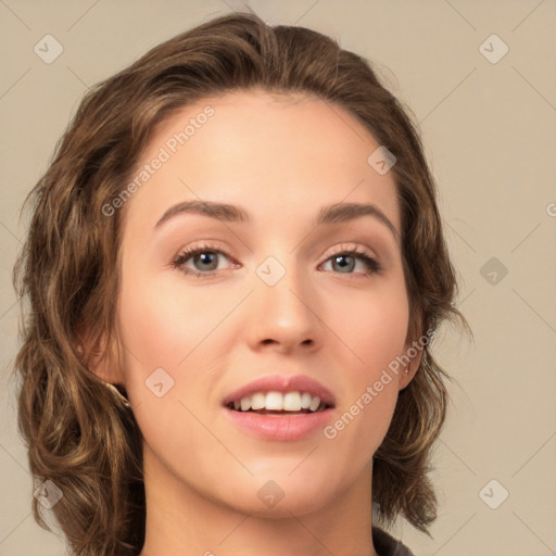 Joyful white young-adult female with medium  brown hair and green eyes