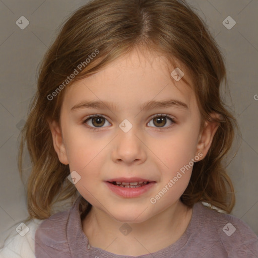 Joyful white child female with medium  brown hair and brown eyes