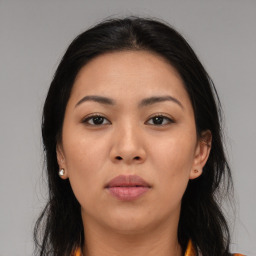 Neutral asian young-adult female with long  brown hair and brown eyes