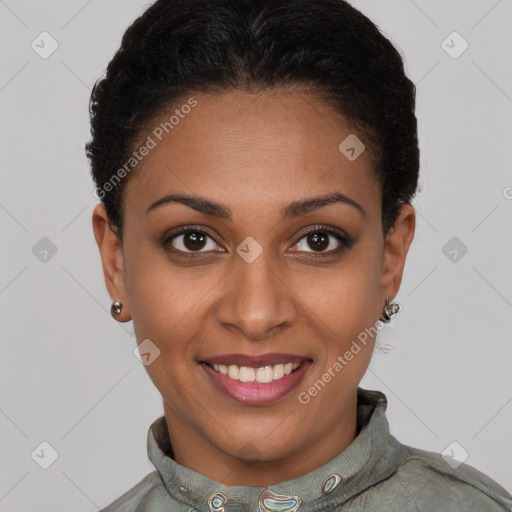 Joyful latino young-adult female with short  brown hair and brown eyes