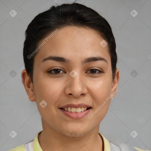 Joyful white young-adult female with short  brown hair and brown eyes