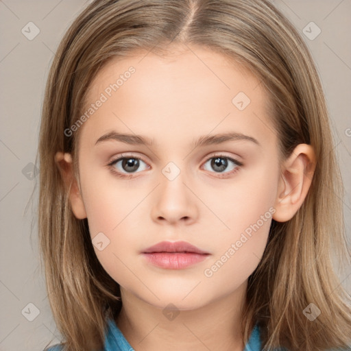 Neutral white child female with long  brown hair and brown eyes