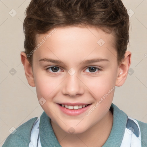 Joyful white child female with short  brown hair and brown eyes