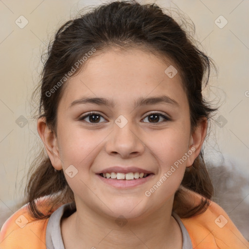 Joyful white child female with medium  brown hair and brown eyes