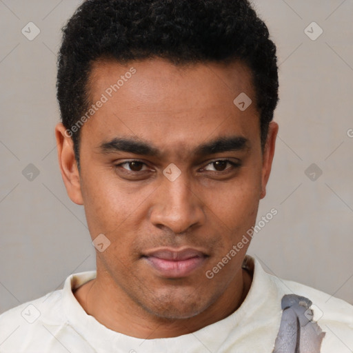Neutral latino young-adult male with short  black hair and brown eyes