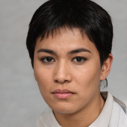 Neutral asian young-adult female with short  black hair and brown eyes